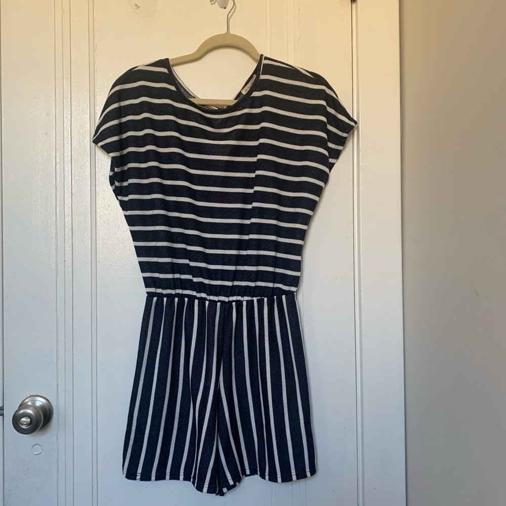 Blue and white striped short sleeve romper